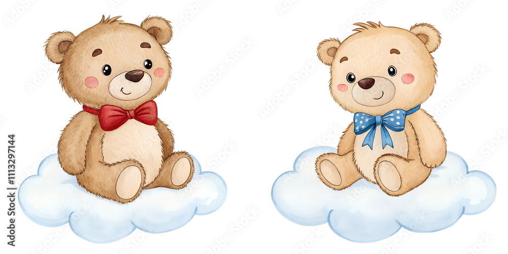 Cute teddy bear sitting on the cloud watercolor set painting drawing cut out isolated on white background Cute teddy bear sitting on the cloud watercolor set painting drawing cut out isolated on white background