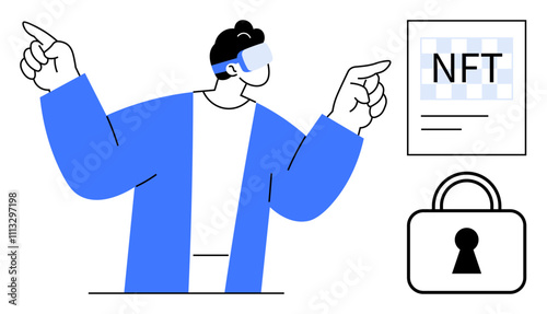 Person with VR headset pointing at NFT certificate and lock. Ideal for blockchain, cryptocurrency, VR technology, digital ownership, online security, tech trends, innovation concepts. Line metaphor