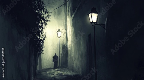 Dark alley, lone figure, dim lamplight.