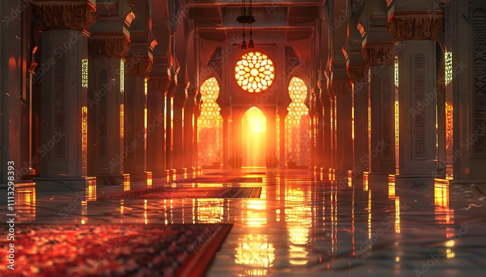 Obraz premium Mosque with sunset view. Suitable for travel brochures, religious articles, and peaceful imagery, Ramadan or Eid themed designs