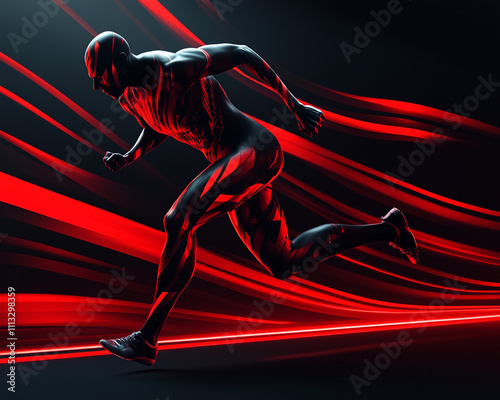 Abstract running figure in a sleek design, featuring bold reds and blacks. Powerful sans-serif typeface