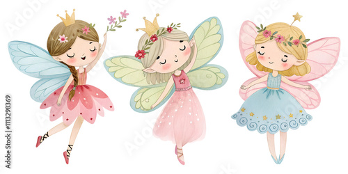 cute fairy watercolor set painting drawing cut out isolated on white background