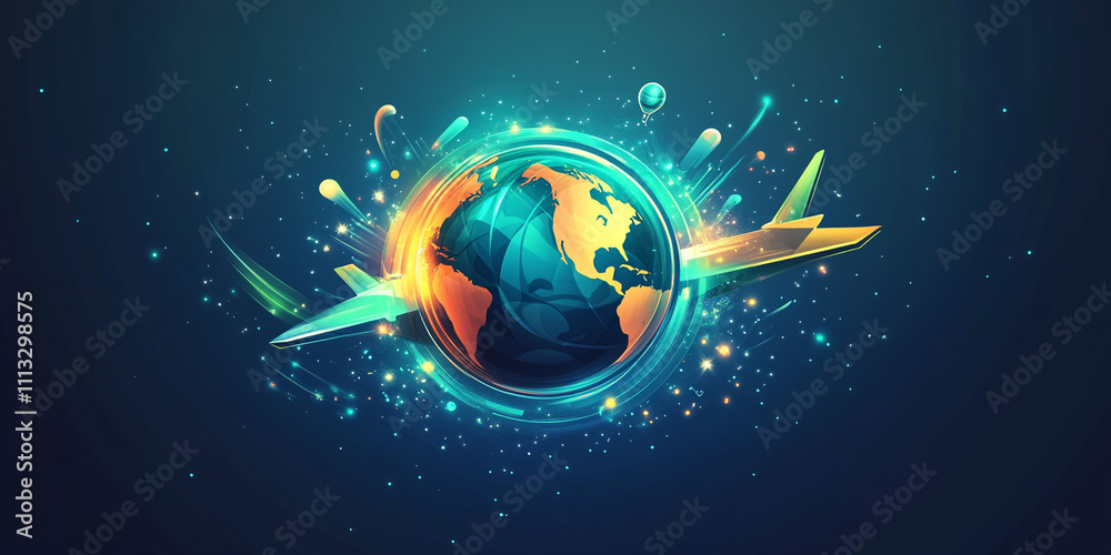 Fototapeta premium An adventure logo with a dynamic globe and plane design, incorporating vibrant blues, greens, and bright highlights. The modern sans-serif font adds a professional touch
