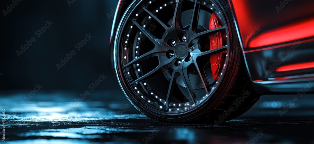 Sleek Car Wheel Close-Up: Night Photography Sleek Car Wheel Close-Up: Night Photography
