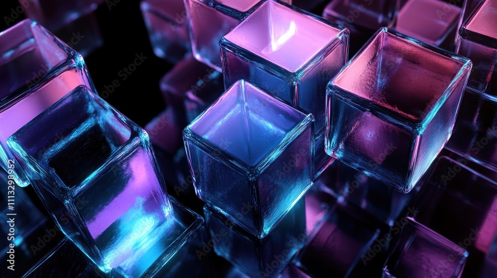 Futuristic Abstract Composition of Translucent Cubes with Neon Lighting in Blue and Purple Colors against Dark Background Futuristic Abstract Composition of Translucent Cubes with Neon Lighting in Blue and Purple Colors against Dark Background