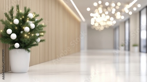 finance stocks advisory Concept. Modern hallway featuring a potted decorative tree with ornaments and elegant lighting. photo