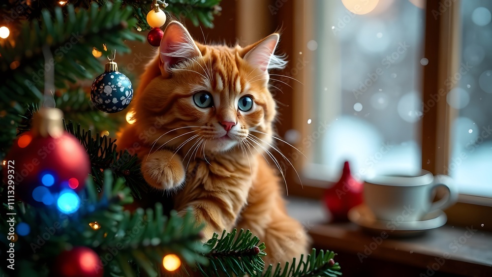 Cute ginger cat on the background of a Christmas tree Cute ginger cat on the background of a Christmas tree