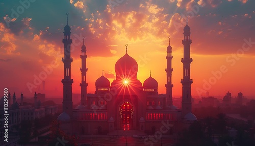 Mosque with sunset view. Suitable for travel brochures, religious articles, and peaceful imagery, Ramadan or Eid themed designs photo