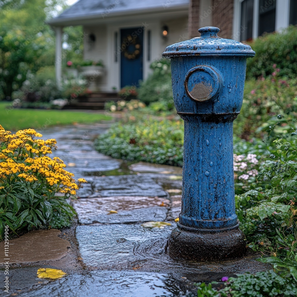 A blue hydrant stands beside a stone path, surrounded by flowers and wet pavement. A blue hydrant stands beside a stone path, surrounded by flowers and wet pavement.