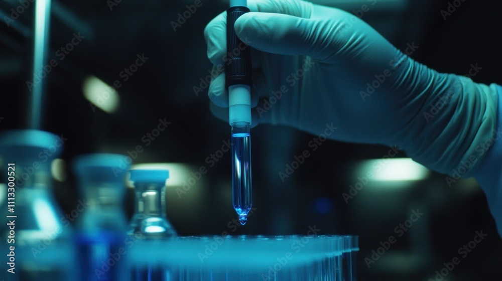 Precise Science: A Gloved Hand Carefully Dispenses Blue Liquid into a Test Tube in a Modern Lab Setting Precise Science: A Gloved Hand Carefully Dispenses Blue Liquid into a Test Tube in a Modern Lab Setting