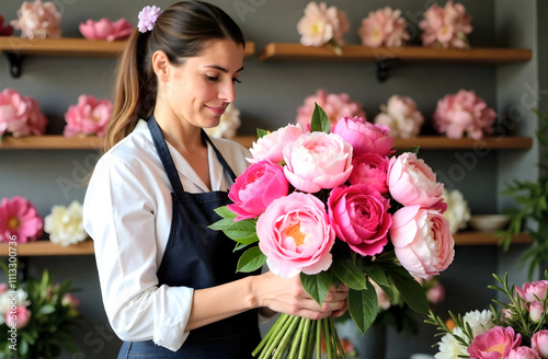 A florist arranging a beautiful bouquet of pink peonies in a charming flower shop with delicate floral decor. Ideal for floral business promotions or lifestyle visuals. Selective focus photo