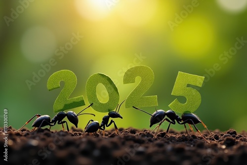 Ant Carrying Leaf Cut into 2025 Numbers, Happy New Year Concept. Generative AI