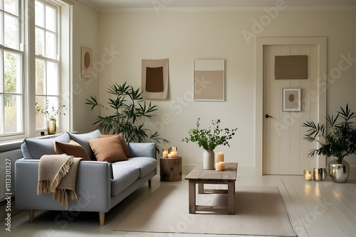 Calm living room interior with sofa  plants  and candles.