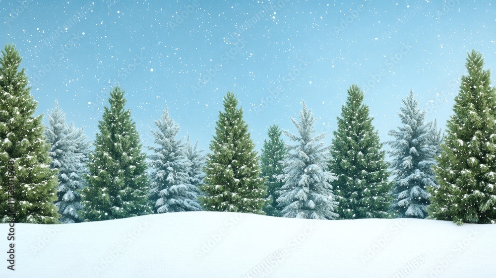 Naklejka premium A serene winter landscape with snow-covered trees and a clear blue sky.