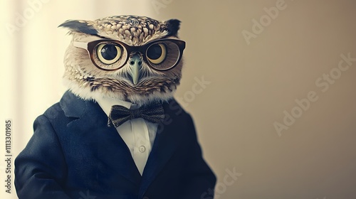 An owl in a formal navy blue jacket and glasses, perched on a desk in front of a soft beige background with expansive empty space. photo