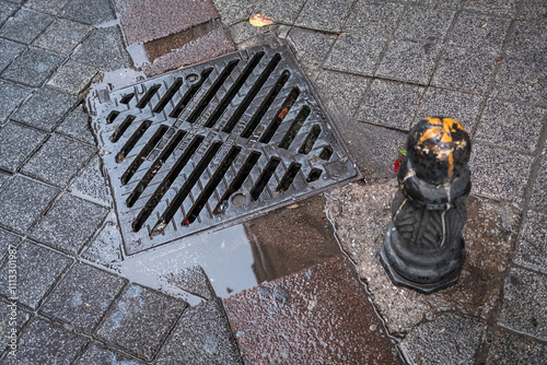 cast iron rainwater drainage grate. on concrete paving road.