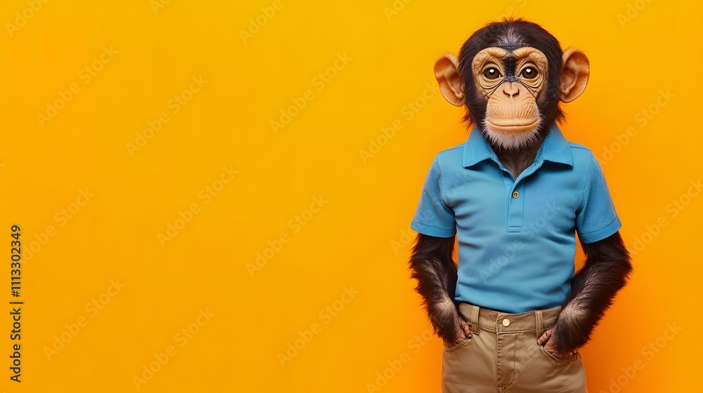 A monkey in a casual office outfit, including a blue polo and khaki pants, standing in front of a bright orange background with large empty space. A monkey in a casual office outfit, including a blue polo and khaki pants, standing in front of a bright orange background with large empty space.
