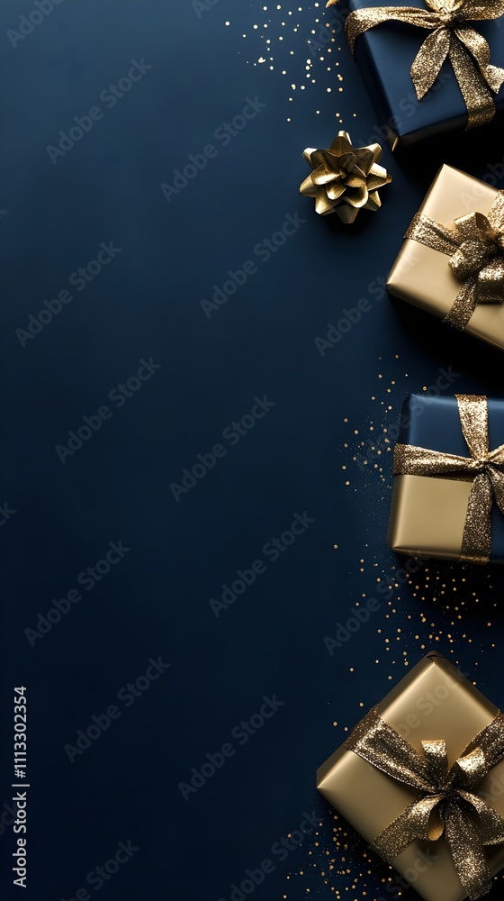 Dark blue background with golden gift boxes on the right side, a black and gold color scheme, in a wide banner format, top view Dark blue background with golden gift boxes on the right side, a black and gold color scheme, in a wide banner format, top view