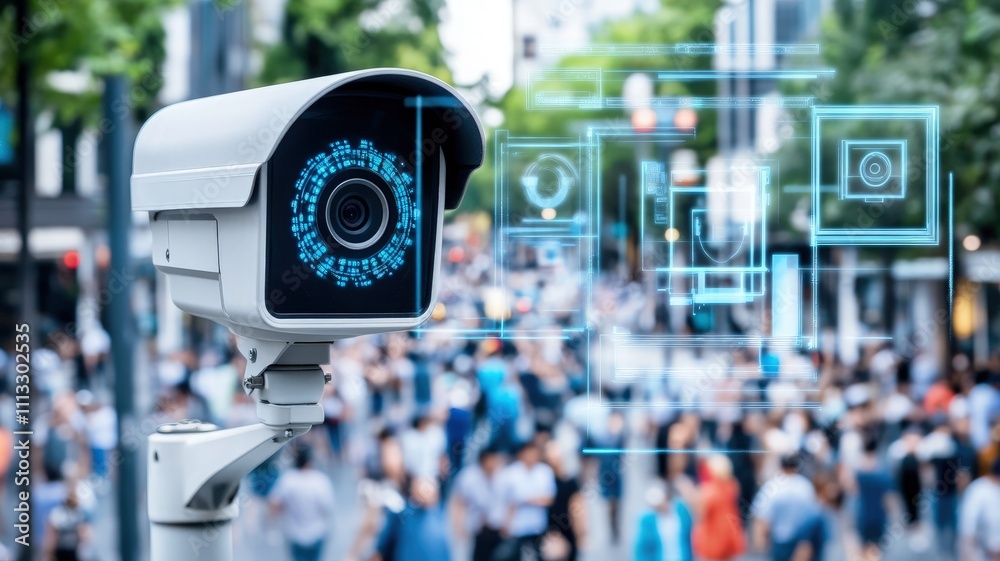 Surveillance camera monitoring a busy urban area with digital overlays. Surveillance camera monitoring a busy urban area with digital overlays.