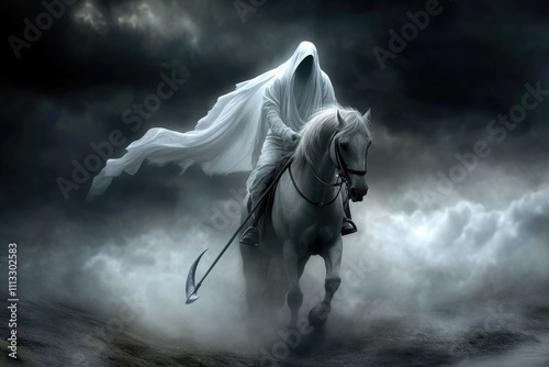 Pale horse of Revelation: symbol of death, destruction, haunting of a rider empowered to bring widespread death, profound reminder of fleeting nature of life, inevitable judgement of human folly. photo