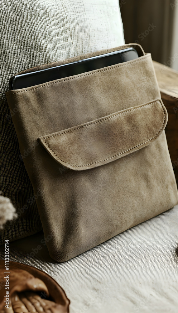 Naklejka premium Beige leather tablet sleeve with front pocket.