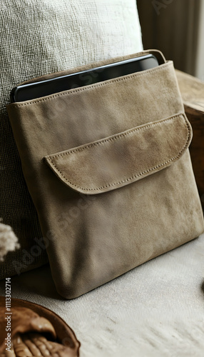 Beige leather tablet sleeve with front pocket.