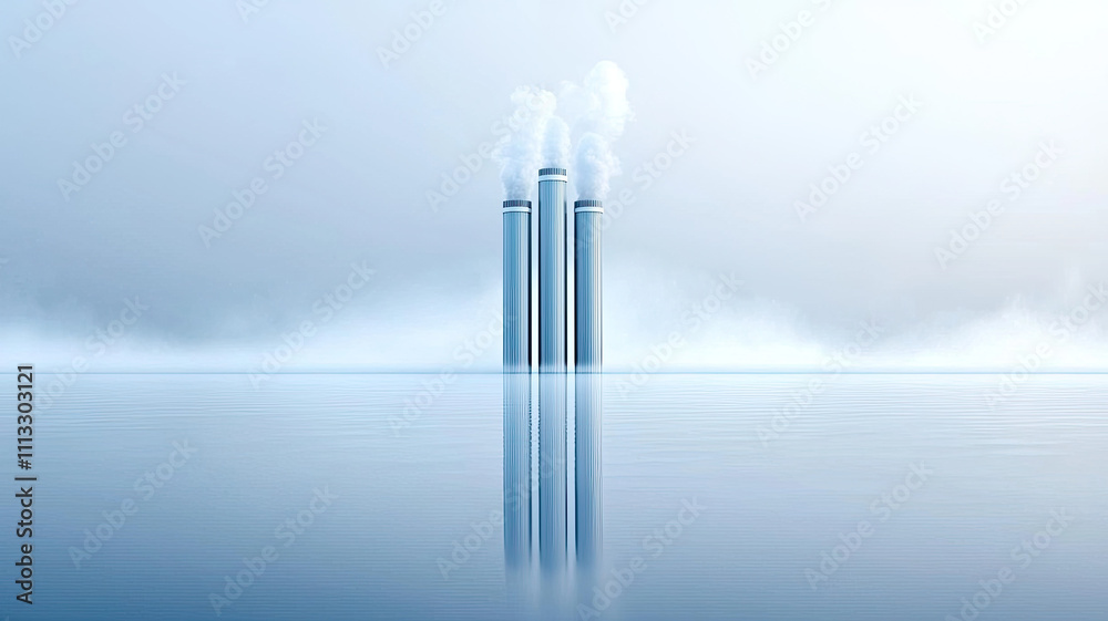 Emissions from industrial chimneys rise into hazy sky over water Emissions from industrial chimneys rise into hazy sky over water