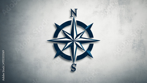 Elegant logo with a stylized navy blue compass rose, abstractly representing strategic direction. Gray and white color scheme. Serif font