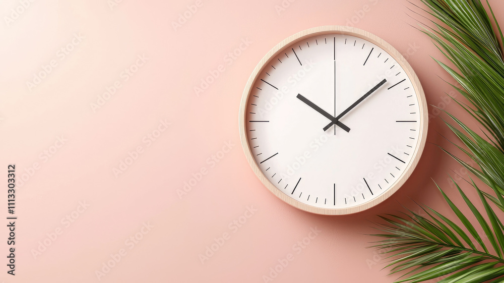 Minimalist wall clock with palm leaves on pink background Minimalist wall clock with palm leaves on pink background