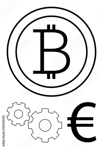 Bitcoin and Euro currency symbols with three gear icons, representing digital finance and technology integration. Ideal for cryptocurrency, blockchain, financial technology, economic analysis