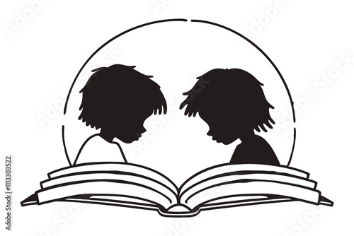 Kids reading book silhouette. Good use for symbol, logo, web icon, mascot H