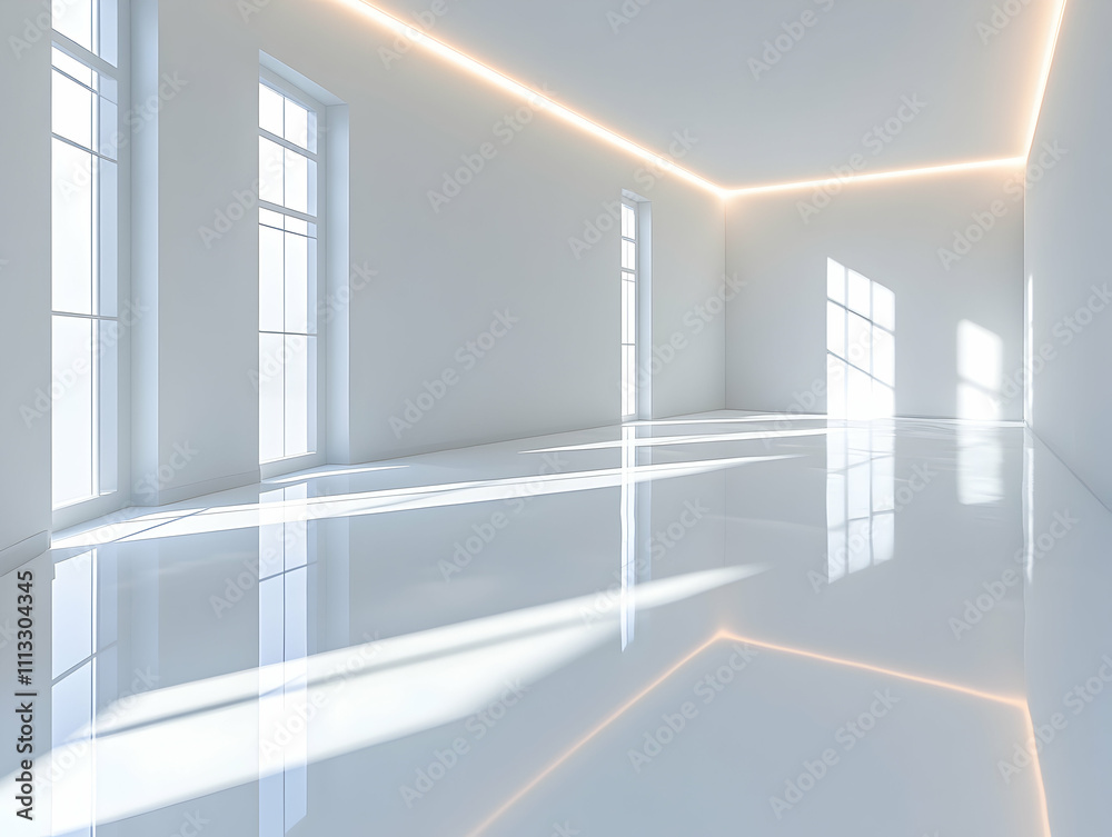 Fototapeta premium Bright, minimalist room with large windows and glossy floor, showcasing sunlight reflections.