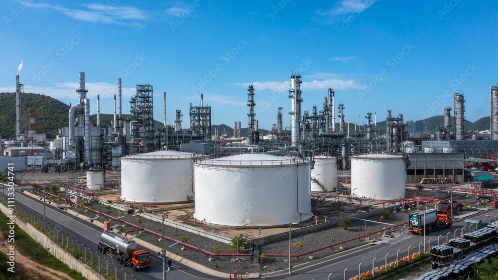 Aerial view oil and gas refinery industry plant, Oil and gas petrochemical industrial storage tank refinery plant, Industry Oil refinery oil and gas refinery factory power and fuel energy.