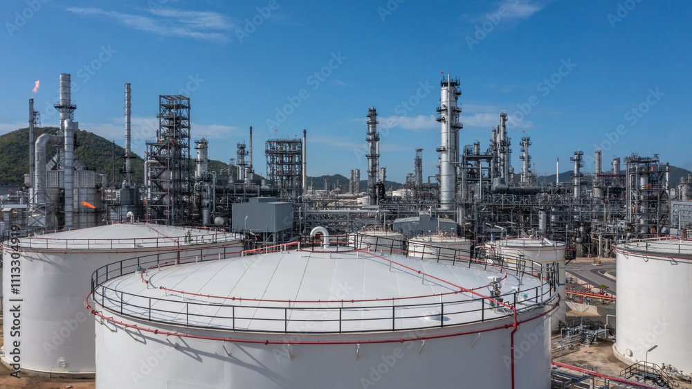 Aerial view oil and gas refinery industry plant, Oil and gas petrochemical industrial storage tank refinery plant, Industry Oil refinery oil and gas refinery factory power and fuel energy.