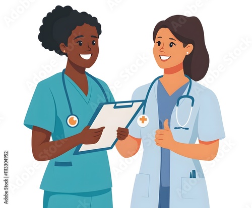 Illustration of Friendly Doctors Collaborating with Clipboard – Healthcare, Teamwork