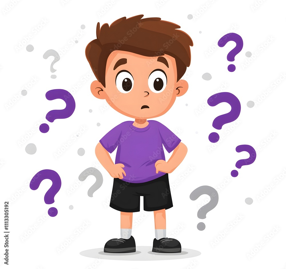 Confused Cartoon Boy Surrounded by Question Marks – Curiosity, Puzzled Expression, Learning Concept Confused Cartoon Boy Surrounded by Question Marks – Curiosity, Puzzled Expression, Learning Concept