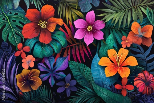 Wallpaper Mural Vibrant tropical floral illustration featuring various brightly colored flowers and lush green leaves on a dark background for a lively decor concept. Torontodigital.ca