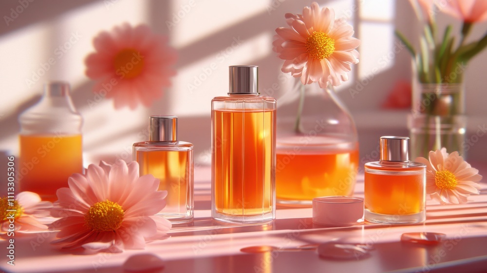 Elegant floral perfume display in bright studio product soft light environment Elegant floral perfume display in bright studio product soft light environment