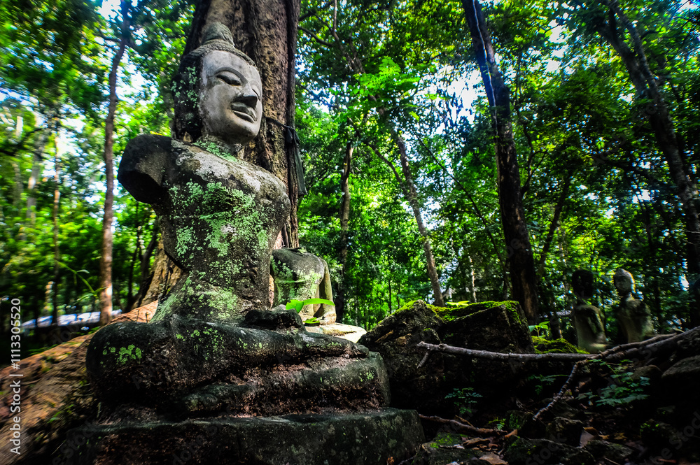 Sculpture of Old Stone Head Buddha , Symbols of Buddhism at Umong Temple, Chiang Mai, Northern Thailand Sculpture of Old Stone Head Buddha , Symbols of Buddhism at Umong Temple, Chiang Mai, Northern Thailand