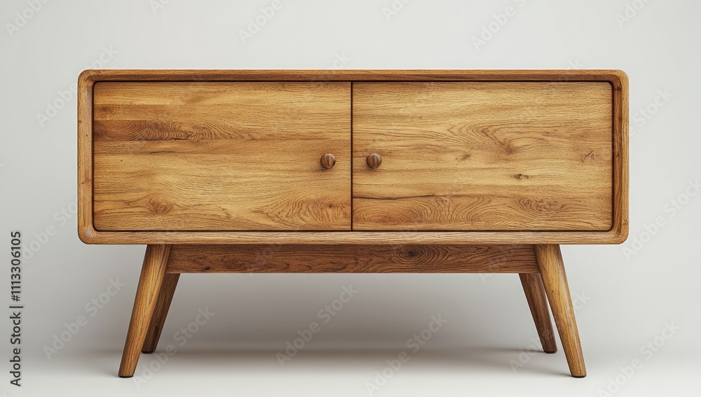 Mid-century modern wooden sideboard with two doors and tapered legs against a white background. Mid-century modern wooden sideboard with two doors and tapered legs against a white background.