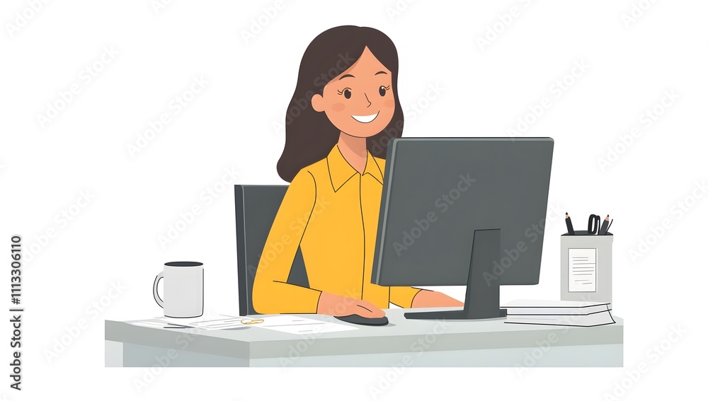 Illustration of a smiling woman working at a desk with a computer, representing office work Illustration of a smiling woman working at a desk with a computer, representing office work