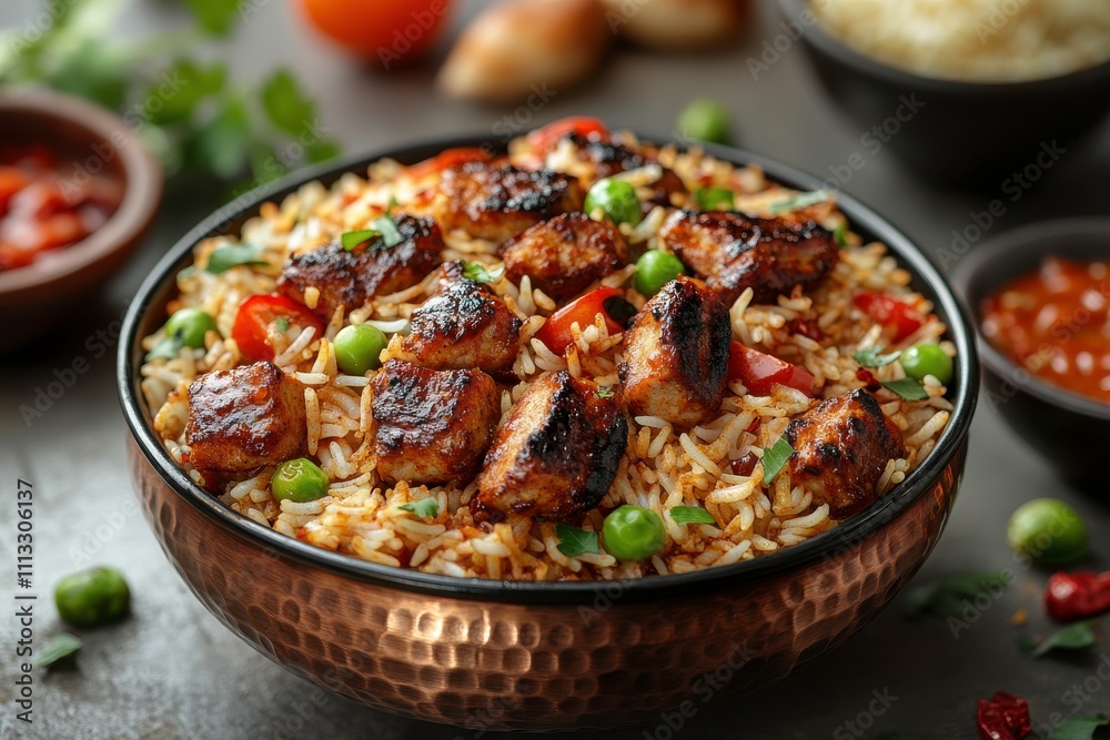 A delicious bowl of spiced rice with grilled chicken, peas, and tomatoes, garnished with herbs. A delicious bowl of spiced rice with grilled chicken, peas, and tomatoes, garnished with herbs.