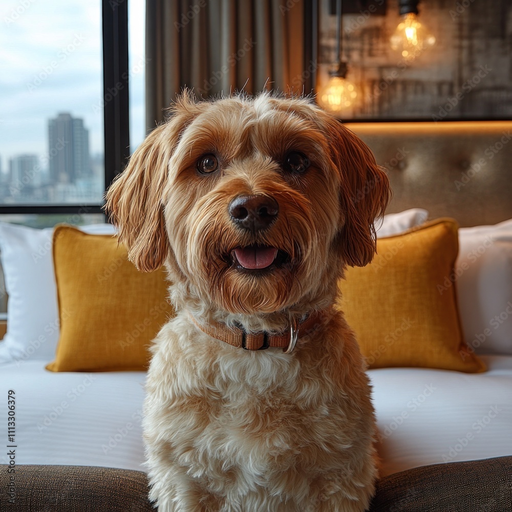 A cheerful dog sitting on a bed with yellow pillows in a cozy hotel room. A cheerful dog sitting on a bed with yellow pillows in a cozy hotel room.