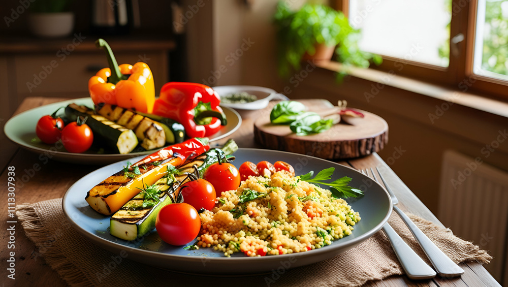 A vibrant dish featuring grilled vegetables and couscous A vibrant dish featuring grilled vegetables and couscous