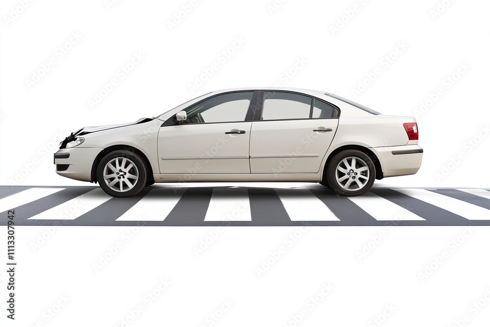 Studio image of a pedestrian crossing accident with a speeding sedan isolated on white Studio image of a pedestrian crossing accident with a speeding sedan isolated on white