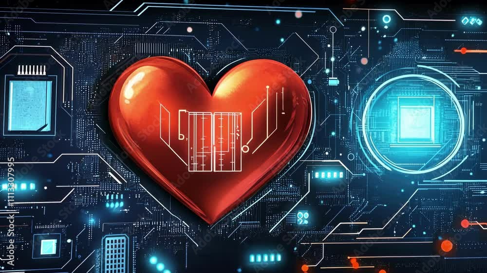 Digital love: futuristic hearts integrated with circuit technology and blue energy core. Happy Valentine's Day. 14 february.