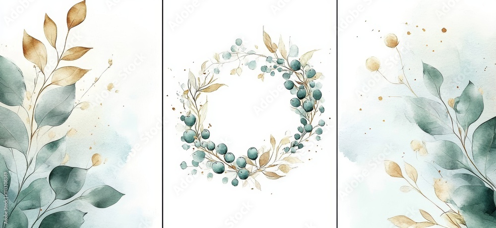 custom made wallpaper toronto digitalWatercolor Floral Panel Art with Gold and Green Leaves for Wedding Invitation and Greeting Card Design