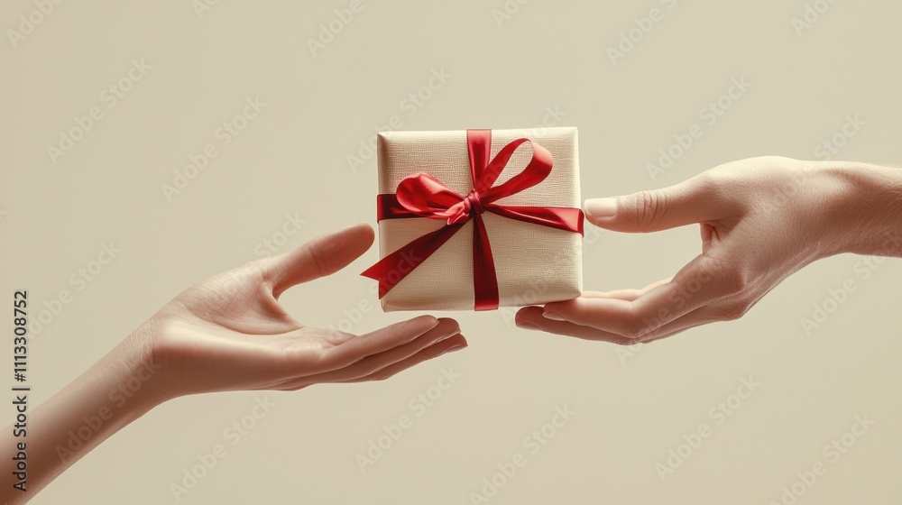 Hands exchanging a wrapped Christmas gift with a red ribbon Hands exchanging a wrapped Christmas gift with a red ribbon