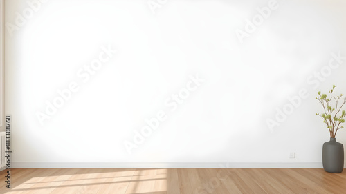 A blank white wall mockup in a minimalist room with wooden flooring, soft natural lighting, ultra-detailed 8K resolution