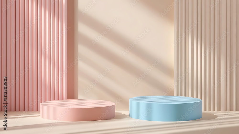 Pastel pink and blue cylindrical podiums on beige background with sunlight. Pastel pink and blue cylindrical podiums on beige background with sunlight.